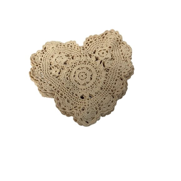 Handmade Heart-Shaped Crochet Doilies Set Of 3 8x8 Inches 100% Cotton Beige - Picture 2 of 6